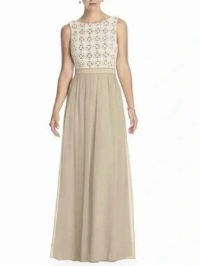 Lela Rose Bridesmaid Dress Crochet Lace Top Palomino Ivory Beige Gown